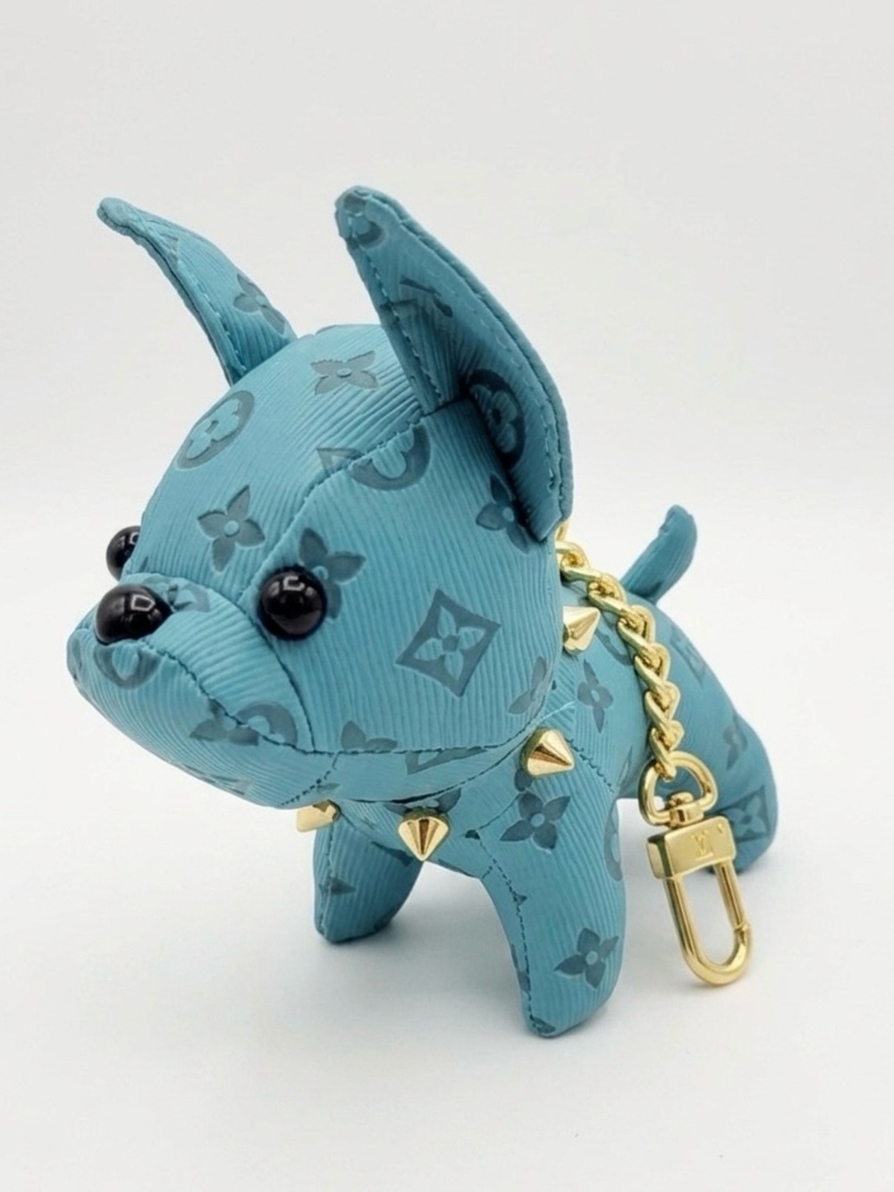 Faux Leather French Bulldog Bag Charm Turquoise Blue Spiked Collar Keychain 5"